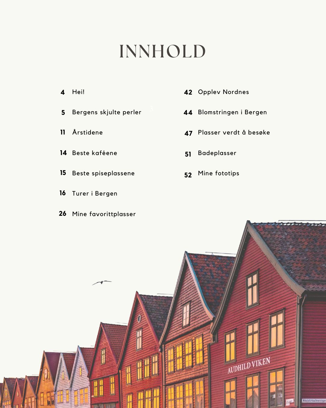 Oversikt over innholdet i Bergen-guiden – sider med turforslag, kafeer, fotospots og skjulte perler.