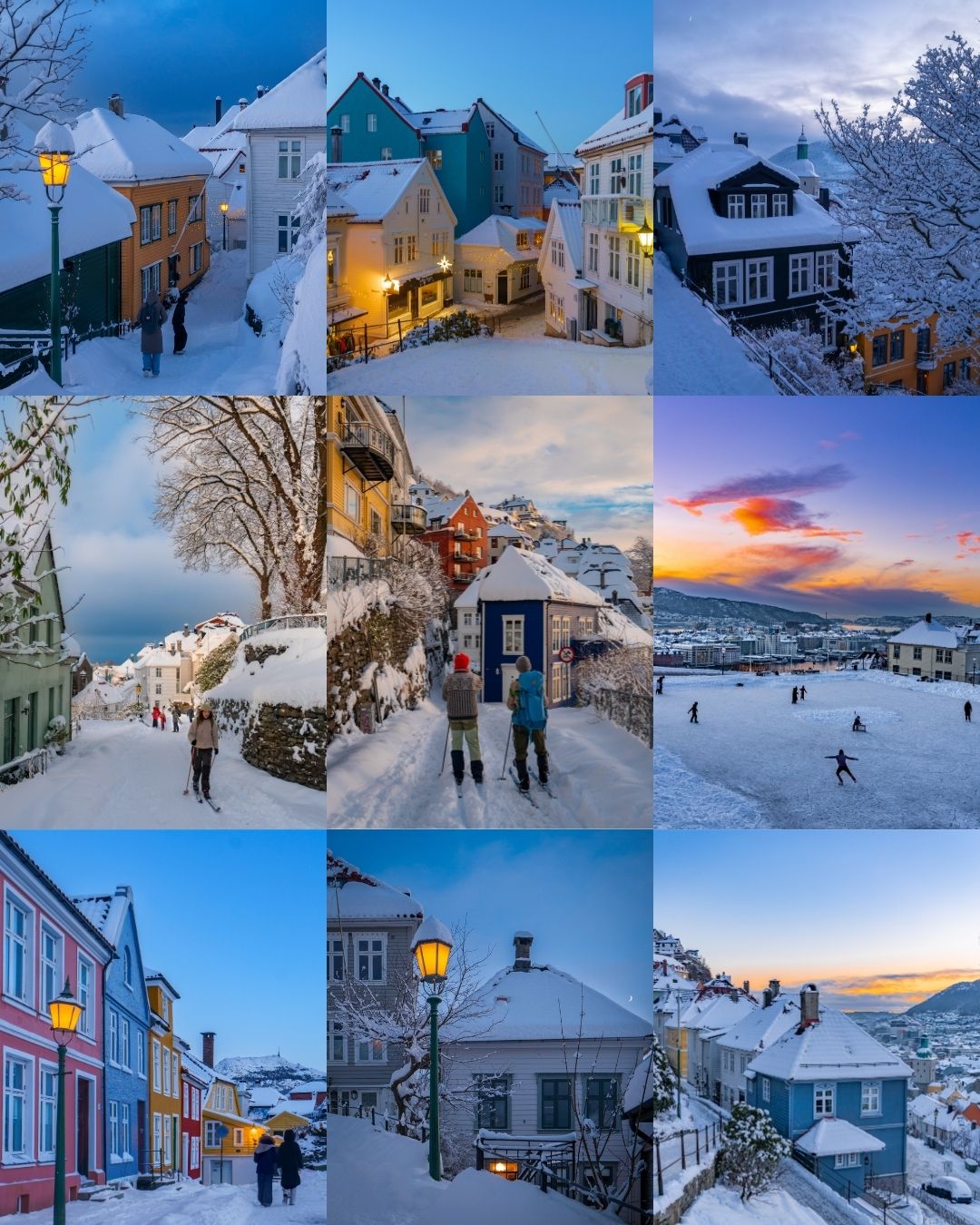 Bergen Travel Guide shown with winter theme – snow-covered streets and cafés.
